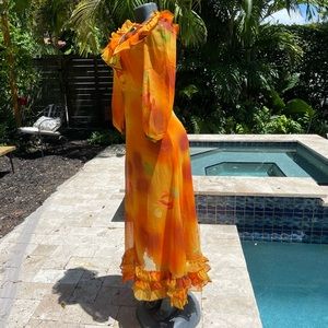 Vintage 1970s orange chiffon ruffle maxi dress bell sleeves